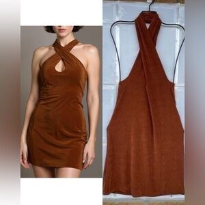 With Jéan Lena Halter Wrap Mini Dress - Chocolate Brown, NWT Medium
